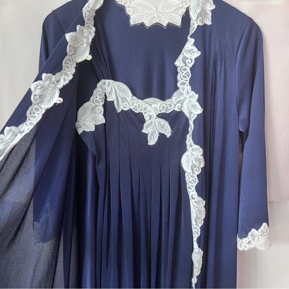 Vintage Kayser Peignoir Nightgown Robe Set Navy Blue with Ivory lace Size Small